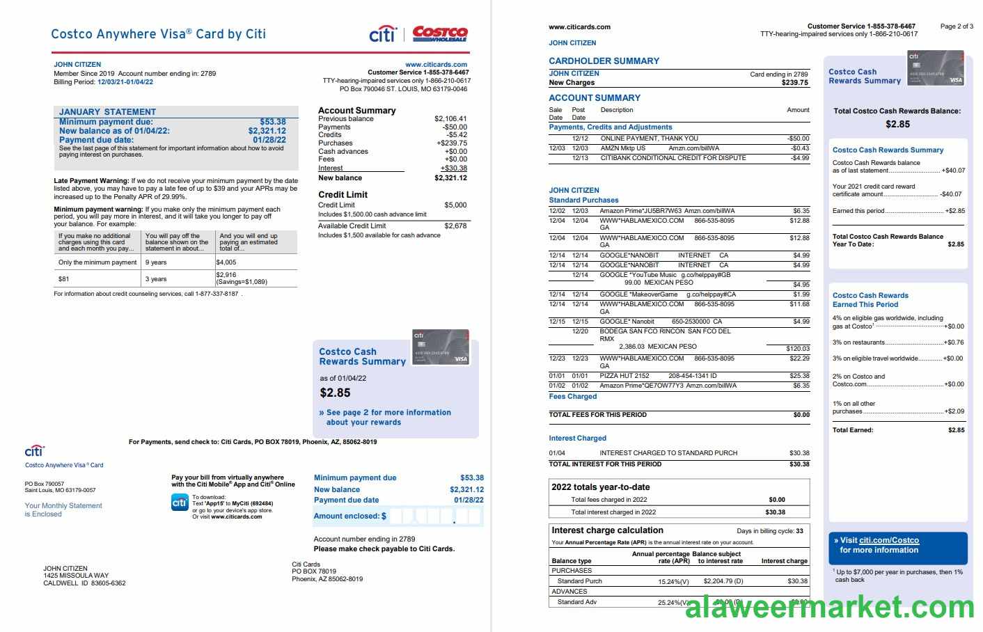 USA Costco Anywhere Visa Card by Citi bank statement 4 pages